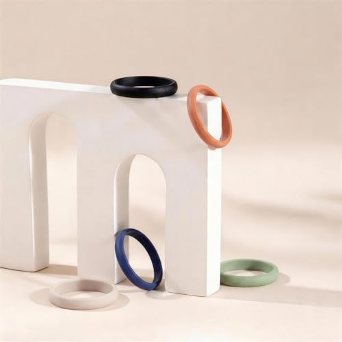 Egnaro Women's Silicone Wedding Ring 2.5mm Wide 1.8mm Thick Rubber Band Set - color: A6-Dark Blue, Mist Green, Pumpkin, Beige, Black