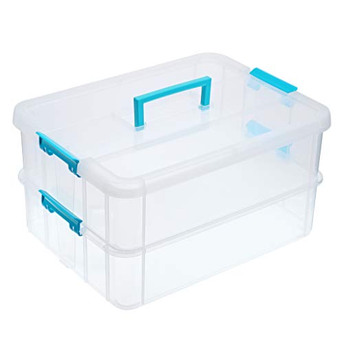 JUXYES 2-Tiers Plastic Stack Carry Storage Containers Box wih Handle Lids - color: Blue