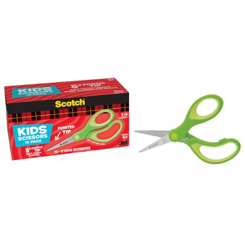 Scotch 5" Soft Touch Pointed Tip Kids Scissors, 12 Count Teacher's Pack - size: 12 count - blunt
