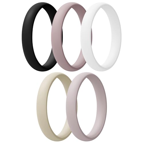 Egnaro Women's Silicone Wedding Ring 2.5mm Wide 1.8mm Thick Rubber Band Set - color: SETC3-Royal Black, Bright Peach, Princess White, Cream Beige, Cloudy Pink