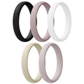 Egnaro Women's Silicone Wedding Ring 2.5mm Wide 1.8mm Thick Rubber Band Set - color: SETC3-Royal Black, Bright Peach, Princess White, Cream Beige, Cloudy Pink