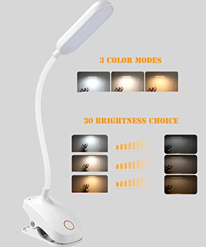 COLORLIFE Desk Lamp Clip On Light-7W 2600mAH Flexible Gooseneck Battery Operated Rechargeable Reading Lamp with Clamp & Stepless Brightness for Desk,Piano,Bed Headboard and Computers - color: White