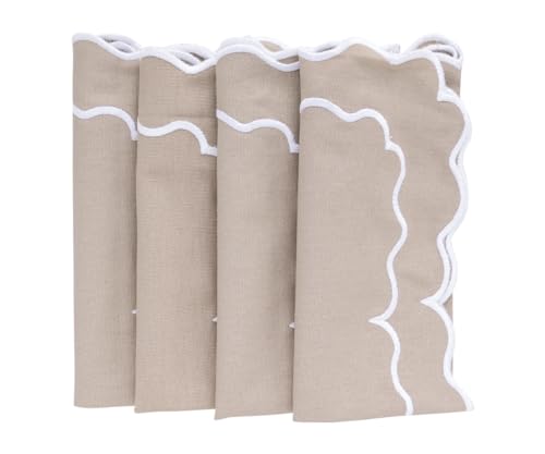 Beige Napkins, Festival Napkins, Scalloped, 100% Cotton, Embroidered, Set of 4, Table Decor Spring Summer, Winter Party Napkins, Farmhouse, Washable, Wedding Linen Napkin 18x18 - color: Beige