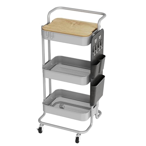DTK 3-Tier Rolling Cart with Table Top, Metal Utility Cart with Side Bags - color: Gray, size: Large