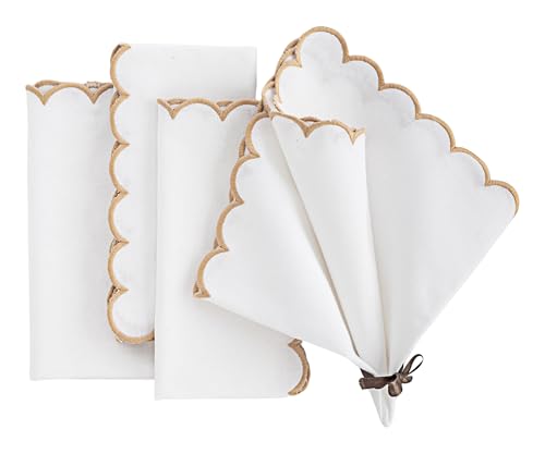 Beige and White Napkins with Gold Trim Set of 4, Premium Quality, 100% Cotton, White and Gold Embroidered Scalloped Napkin, Wedding Reception, Party, Beige Linen Napkins18x18 - color: Beige Closewave
