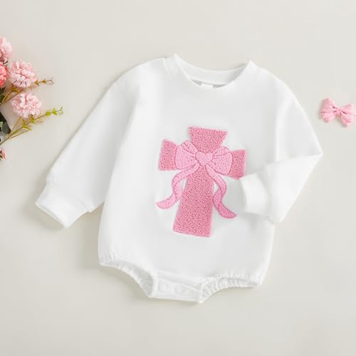 Newborn Baby Girl Clothes Cross Bow Embroidery Bubble Romper Pullover Sweatshirt Fall Winter Outfits 0-18M - color: White, size: 12-18 Months
