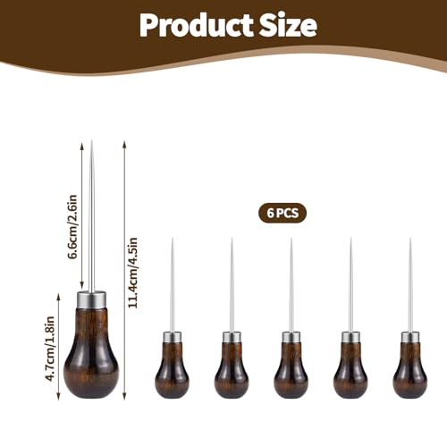 6 PCS Awl Tool Gourd Shape Wooden Handle, Durable Scratch Awl Tool for Leather Craft, Pin Punching, Hole Making, DIY Handmade Projects - color: Wood color