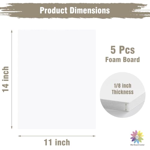 Mat Board Center 11x14 White Foam Boards Pack of 5, 1/8" Thick - size: 11x14