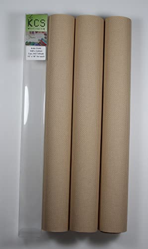 KCS 3 pc of 15" x 18" Counted Cross Stitch Cotton Aida Cloth Needlework Rolled Fabric Box,14CT,Khaki - color: Khaki, size: 14CT