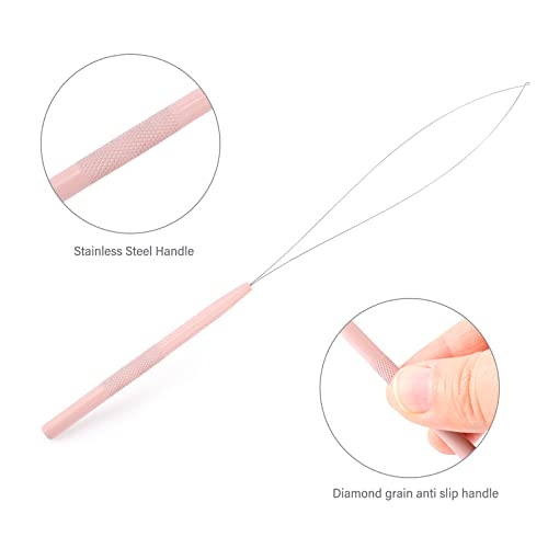 Gomake Hair Extensions Closed and Remover Pliers set, Micro Silicone Rings Beads Hair Extensions Loop Needle Threader Pulling Hook Tool and Bead Device Tool for Hair or Feather Extensions (Pink) - color: Pink