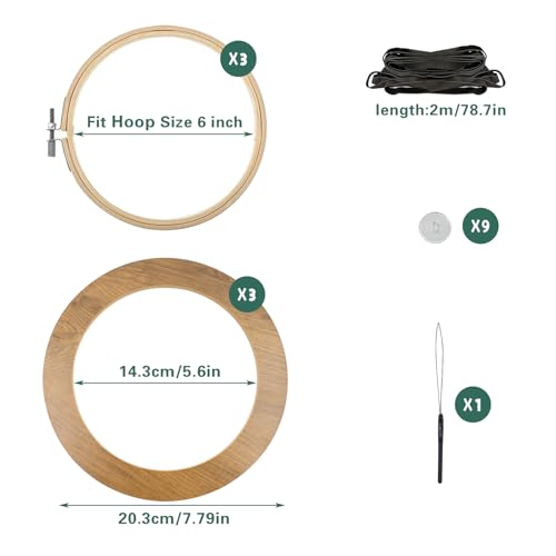 3 Sets 6 Inch Wood Embroidery Display Frame with Bamboo Embroidery Hoops