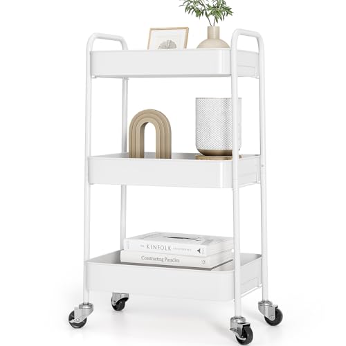 TOOLF 3 Tier Metal Rolling Cart, Utility Storage Cart with Wheels, White - color: White, size: 3-Tier