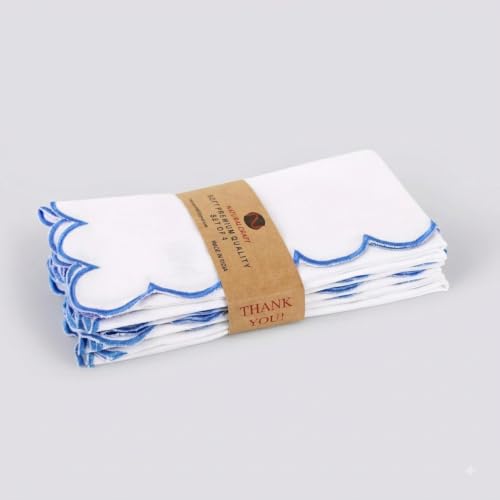 NATURALCRAFT Scalloped Cloth Napkins 18x18 in - White Edges Light Blue - color: Sl-white Napkin - Light Blue Edges, size: 18" x 18" (Set of 4)