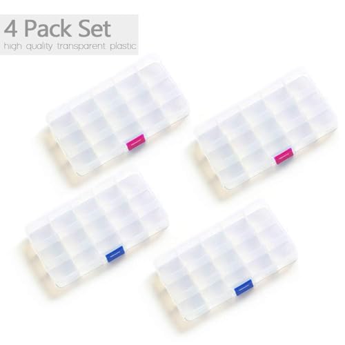 Opret 15 Grids Bead Organizer(4 Pack), Earring Organizer Box, SMALL Plastic Clear Organizing Containers with Adjustable Dividers for Crafts Jewelry Screws Small Items, Size 6.9×3.9×0.9in - color: 4 pcs, transparent