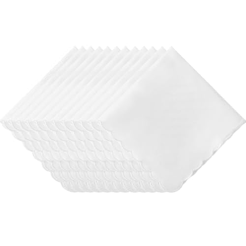 White Handkerchiefs for Women Soft Cotton Women’s Handkerchiefs - color: Scalloped Edge- 12pcs
