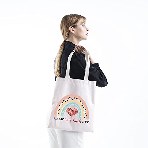 TSOTMO Cross Stitch Lover Gift All My Cross Stitch Shit Boho Rainbow Design Cross Stitch Accessories Tote Bag