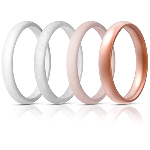 Egnaro Women's Silicone Wedding Ring 2.5mm Wide 1.8mm Thick Rubber Band Set - color: SETF-White,Silver,White Pink,Rose Gold
