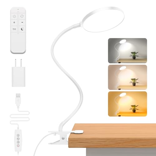 iFalarila Reading Light with Remote, LED Desk Lamp Clip on [1H Timer & Nightlight] RA>95 Dimmable Flexible Gooseneck, Reading Lamp with Clamp for Table - 4.7'' (Adapter Included) - style: 4.7'' White