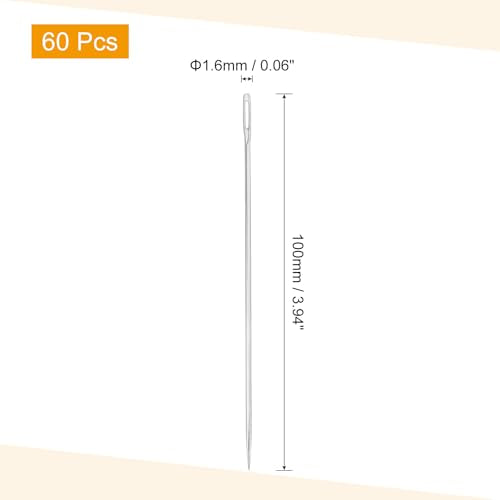 uxcell 60 Pcs Large Eye Sewing Needles, 3.94 Inch 1.6mm High Carbon Iron Embroidery Thread Needle Sewing Big Eye Needle Knitting Needles for Hand Sewing Art Crafts, Silver - size: 100mm, 1.6mm