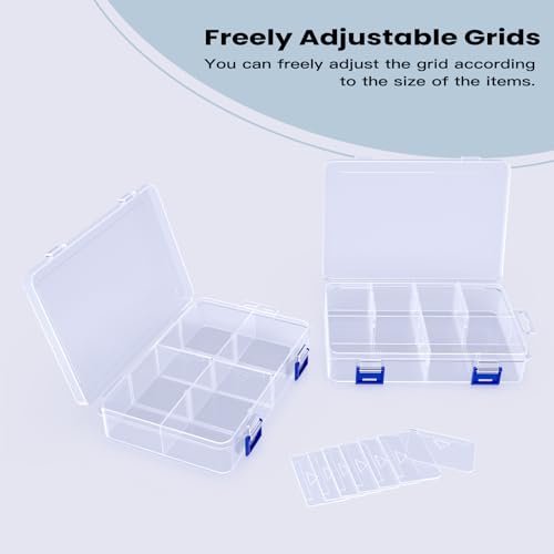 2 Pcs 8 Grids Clear Plastic Storage Box with Adjustable Dividers, Stackable 8 Compartments Small Organiser Box Container for Accessories Beads Jewelry Earring Tool, 7.48×5.23×1.8 Inches