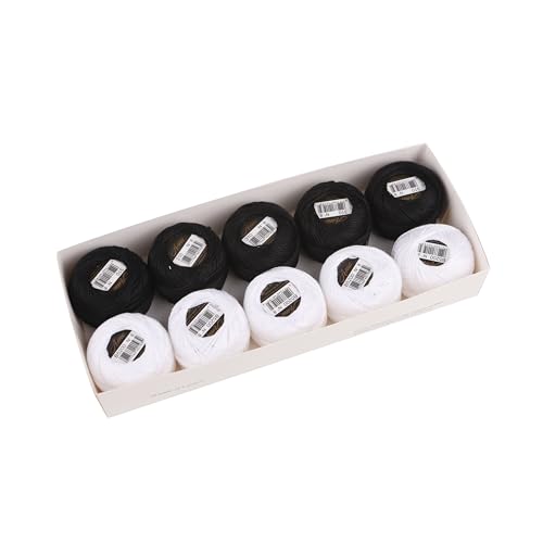 Size 8 Double Mercerized Egyptian Long Staple Cotton Pearl Thread Ball 5 Grams White and Black Embroidery Thread 10 Balls per Box for Crochet Hardanger Cross Stitch Hand Embroidery - color: White and Black