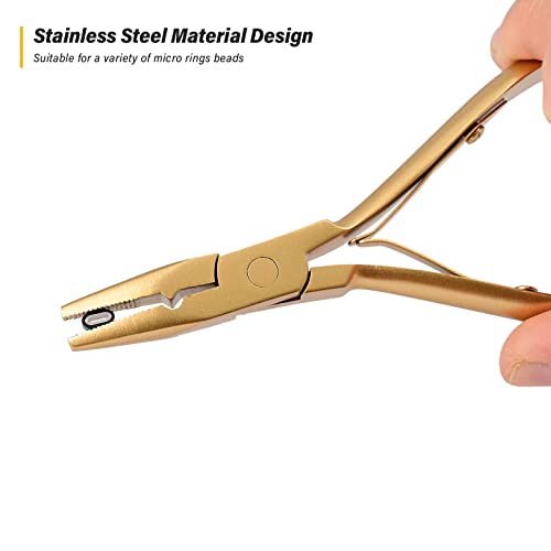 Gomake Hair Extensions Closed and Remover Pliers set, Micro Silicone Rings Beads Hair Extensions Loop Needle Threader Pulling Hook Tool and Bead Device Tool for Hair or Feather Extensions (Gold) - color: Gold