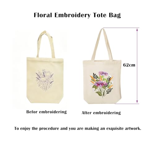 Vigdit Canvas Tote Bag Embroidery Kit for Beginners, Needlepoint Cross Stitch Kit for Adult Beginner, DIY Reusable Grocery Bags Embroidery Starter Kit with Stamped Floral Tools & Instructions - color: Flower1