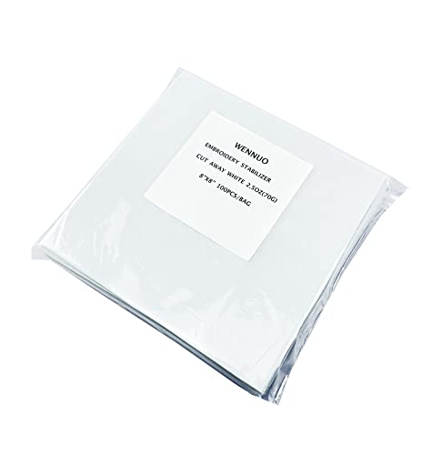 Wennuo Cut Away Machine Embroidery Stabilizer Medium Weight 1.8 oz, 8" x8" 100 Precut Sheets - Fits 4x4 and 6x6 Hoops,for Machine Embroidery and Hand Sewing