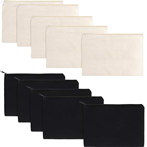 Gejoy 10 Pack Blank Canvas Cosmetic Bags Zipper Pouch DIY,M,Beige and Black - color: Beige and Black, size: Medium