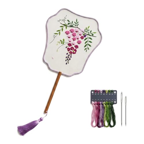 QIZUOLIFE Embroidery Fan Kit for Beginners, pre-Printed Wisteria Pattern - style: Wisteria's Graceful Dance