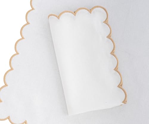 Beige and White Napkins with Gold Trim Set of 4, Premium Quality, 100% Cotton, White and Gold Embroidered Scalloped Napkin, Wedding Reception, Party, Beige Linen Napkins18x18 - color: Beige Closewave
