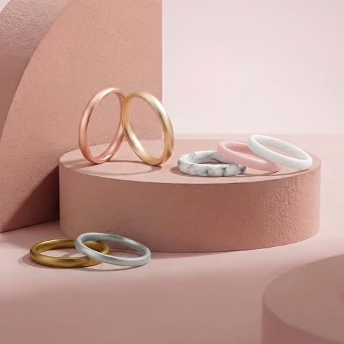 Egnaro Women's Silicone Wedding Ring 2.5mm Wide 1.8mm Thick Rubber Band Set - color: 3-Bronze,White,Silver,Light Pink,Marble,Rose Gold,Light Rose Gold