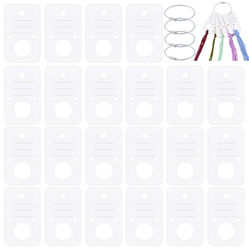BENECREAT 100Pcs Rectangle Floss Thread Drops, White Paper Winding Thread Card, Embroidery Thread Bobbins Organiser with 4Pcs Iron Hanging Ring for Sewing Storage DIY Crafts