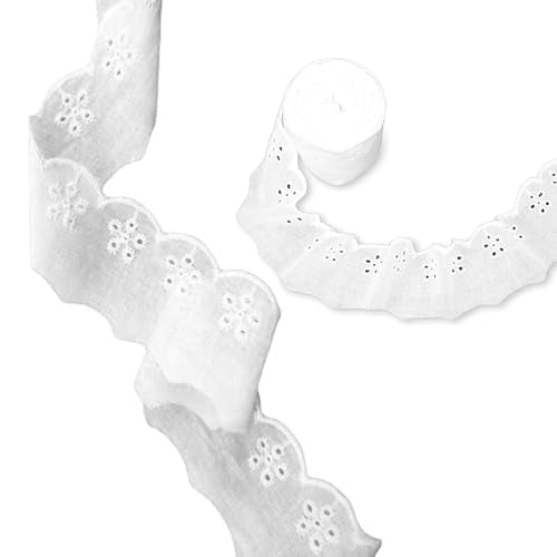 15 Yards Lace Trim White Cotton Lace Trim Eyelet Floral Ribbon Wavy Edge Embroidery Ruffle Trims for Sewing Dress Clothes Bag Dolls & Pets Clothes (1.57 Inches Wide)