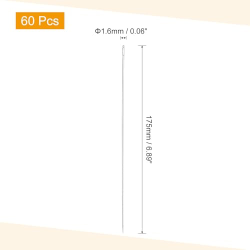 uxcell 60 Pcs Large Eye Sewing Needles, 6.89 Inch 1.6mm High Carbon Iron Embroidery Thread Needle Sewing Big Eye Needle Knitting Needles for Hand Sewing Art Crafts, Silver - size: 175mm, 1.6mm