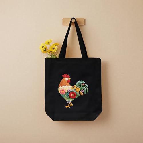 ERKOON Canvas Tote Bag Embroidery Kit for Beginners, Needlepoint Arts Crafts Cross Stitch Kits for Adults Including Stamped Embroidery Bag with Hoops, Needle, Instruction and Color Threads (Rooster) - color: Rooster