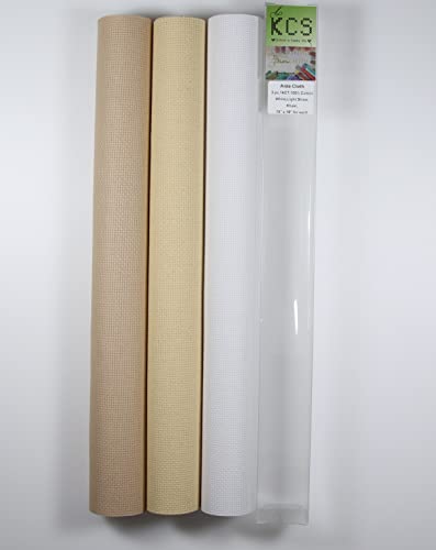 KCS 3 pc of 15" x 18" Counted Cross Stitch Cotton Aida Cloth Needlework Rolled Fabric Box,14CT,White+Light Straw+Khaki - color: White+light Straw+khaki, size: 14CT