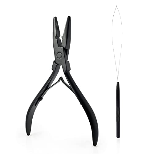 Gomake Hair Extensions Closed and Remover Pliers set, Micro Silicone Rings Beads Hair Extensions Loop Needle Threader Pulling Hook Tool and Bead Device Tool for Hair or Feather Extensions (Black) - color: Black