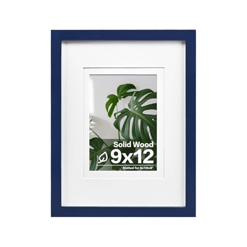 Egofine 9x12 Picture Frame Made of Solid Wood Covered by Plexiglass, Wood Frame for Pictures 5x7/6x8 with Mat or 9x12 without Mat, Tabletop and Wall Mounting Display, Navy Blue - color: Navy Blue, size: 9x12