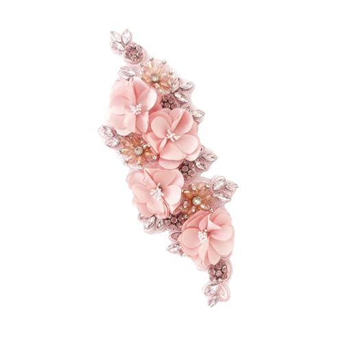 Handmade 3D Flower Embroidery Applique Rhinestone Lace Patches, Pink, 1 PC - color: Pink