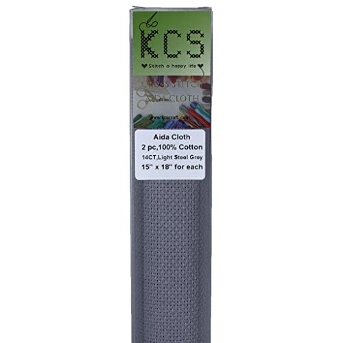KCS 2 pc of 15" x 18" Counted Cross Stitch Cotton Aida Cloth Needlework Fabric (Light Steel Grey, 14CT) - color: Light Steel Grey, size: 14CT