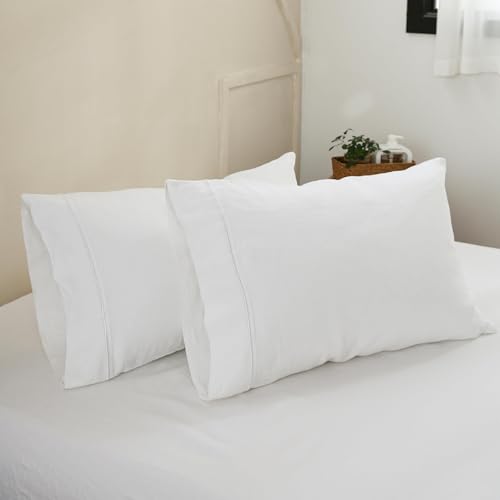 100% French Linen Pillowcases with Embroidery - Pack of 2 - Washed Solid Color Natural Flax Soft Breathable - White, 20'' x 30'' - color: White, size: 20''x30'' - Embroidery