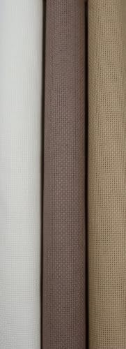 KCS 3 pc of 15" x 18"(38cmx45cm) 18 Count Cross Stitch Cotton Aida Cloth Needlework Rolled Fabric Box,18CT,Antique White +Coffee+Khaki - color: Antique White +Coffee+khaki, size: 18CT