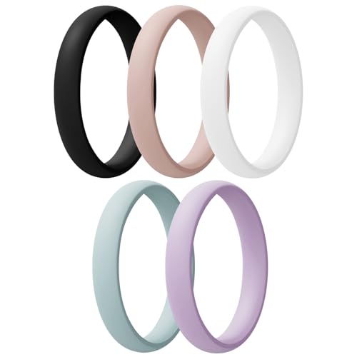Egnaro Women's Silicone Wedding Ring 2.5mm Wide 1.8mm Thick Rubber Band Set - color: A2-Black, Light Green, Light Pink, Light Purple, White