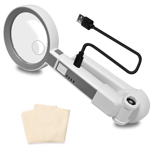 4X Rechargeable Magnifying Glass with 18 LED Light, Foldable Handheld Stand, Magnifying Glass with Light Ideal for Close Work, Seniors Reading, Macular Degeneration - Inbuilt Lithium Battery Included - size: 4X-10.5X