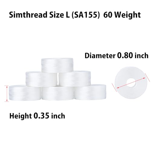 Simthread 144pcs Size L SA155 60WT Prewound Bobbin Thread - Sideless White - color: 60wt 144Sideless