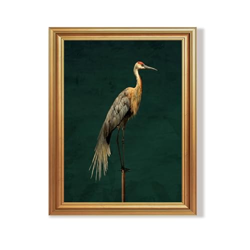 Wojuin Vintage Crane Canvas Framed Wall Art Dark Green Background 8x10 in - color: Crane, size: 10"L x 8"W