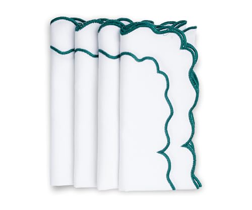 Green and White Napkins, Christmas Napkin, Scalloped Napkins, 100% Cotton Dinner Napkins Cloth Washable, Cloth Napkins Set of 4, Farmhouse, Events, Wedding, Napkin with Green Trim 18x18 - color: White/Green