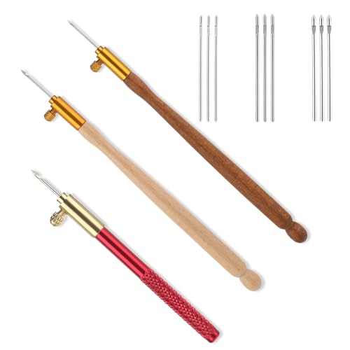 3 Pcs Embroidery Crochet Hook Kit - Wood Handle French Drum Hooks with 9 Needles Tambour Hook Latch Beaded Needle for Embroidery, Sequin Beading, Knitting, DIY Sewing