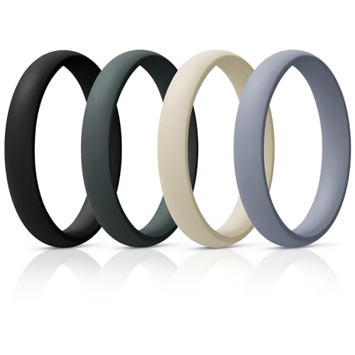 Egnaro Women's Silicone Wedding Ring 2.5mm Wide 1.8mm Thick Rubber Band Set - color: SETD4-Black, Green, Cream Beige, Cloudy Blue